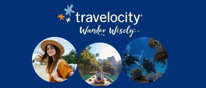 A collage featuring three round images: a smiling woman wearing a hat and backpack, a person meditating in nature, and scuba divers exploring a coral reef, with the Travelocity logo and slogan 'Wander Wisely' above.
