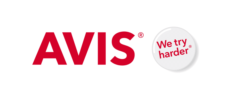 Logo of AVIS is prominently displayed in red, accompanied by a round badge that says 'We try harder' in red text on a white background.